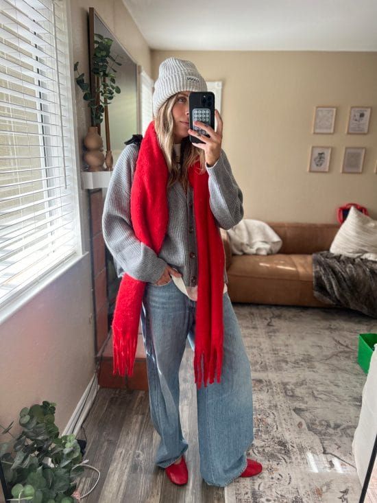 Casual Grey Cardigan with Red Scarf Accent Casual Grey Cardigan with Red Scarf Accent — Cozy Winter Outfits 2027