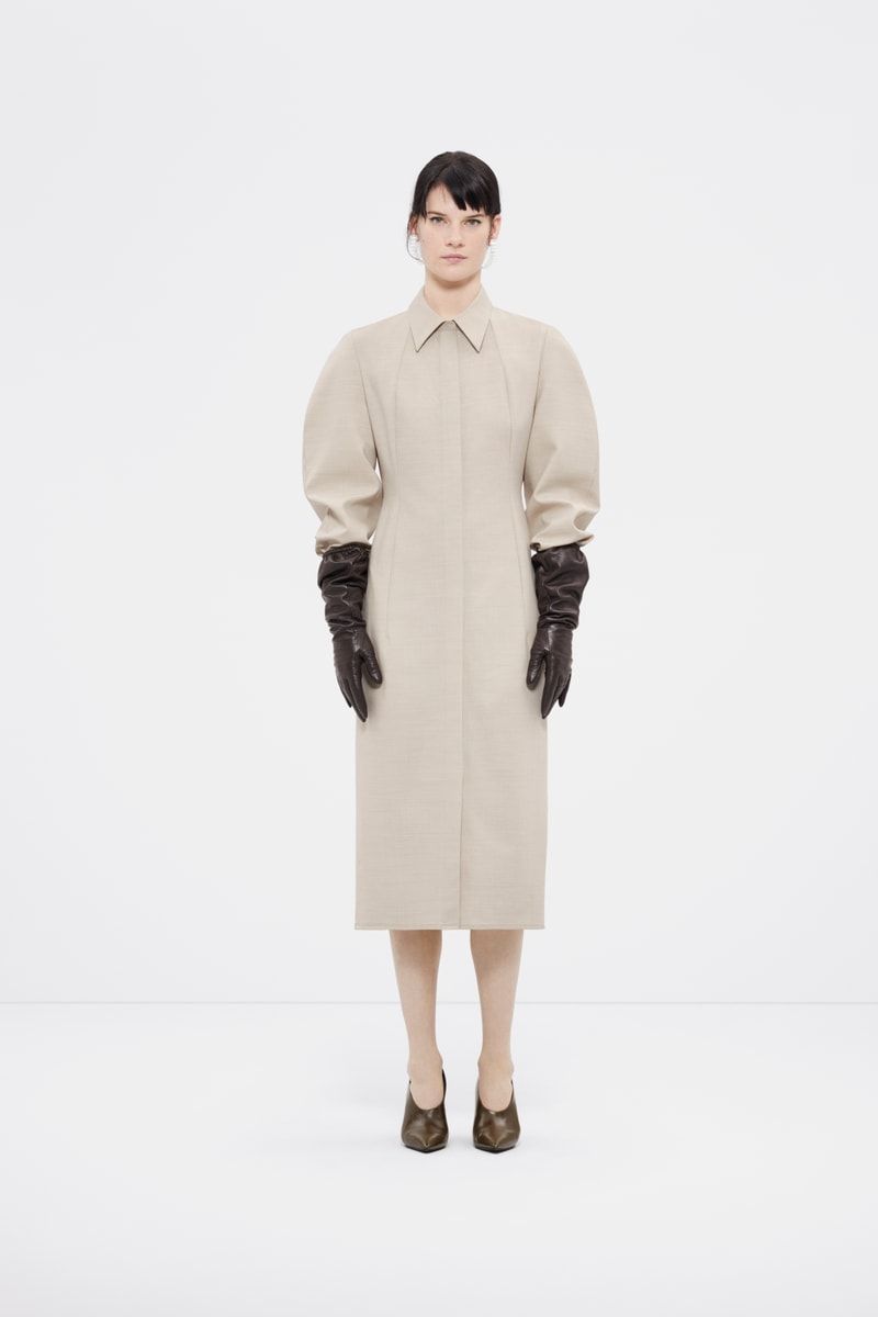 Elegant Beige Dress with Puffed Sleeves and Leather Gloves — Winter Minimalist Outfits 2027