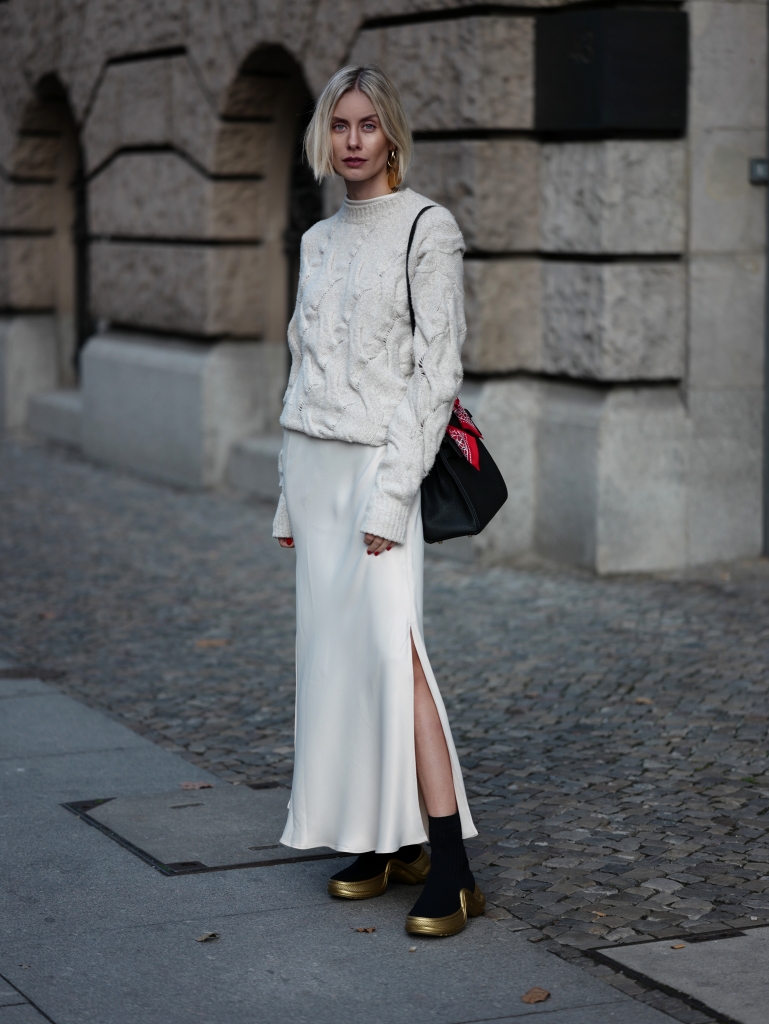 Ivory Silk Maxi Skirt Styled with an Oversized Knit Sweater — Silk Dresses 2027