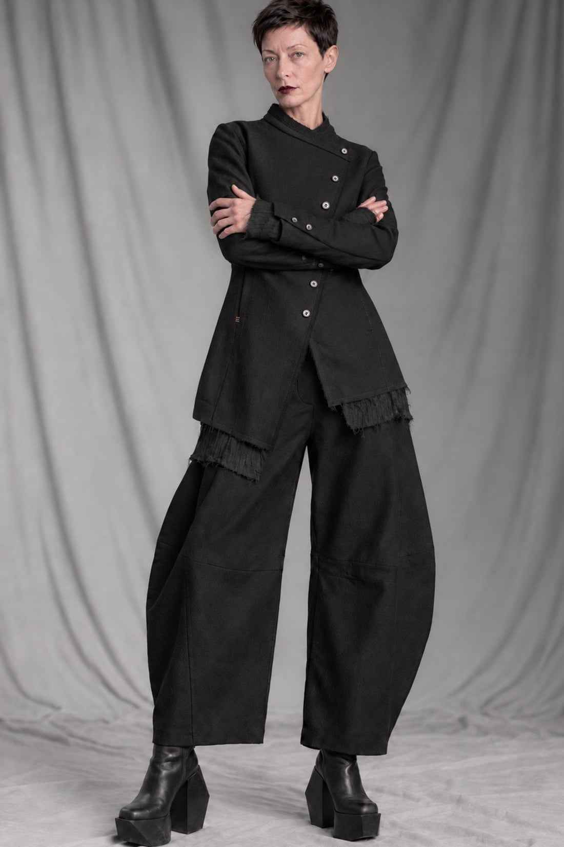 Avant-Garde Statement: Deconstructed Jacket and Fringe Trousers — Designer Outfits 2027