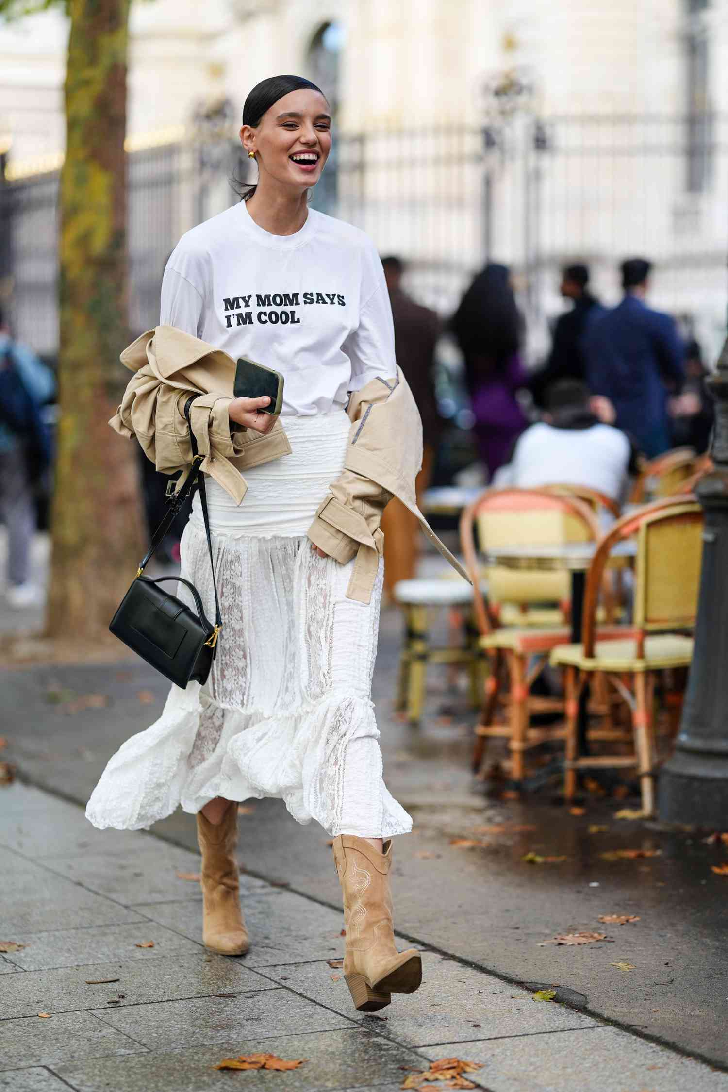 Playful Message: Graphic Tee, Lace Skirt, and Trench Coat — Mothers Day Brunch Outfits 2027