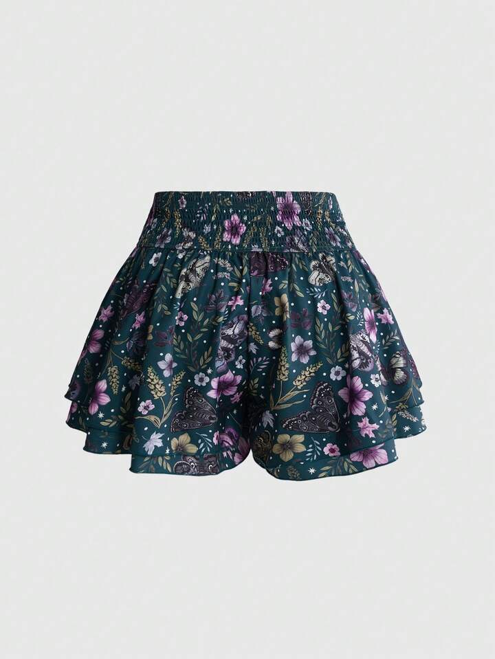 Dark Green Floral Print Skort with Ruffled Hem — Fairycore Outfits 2027