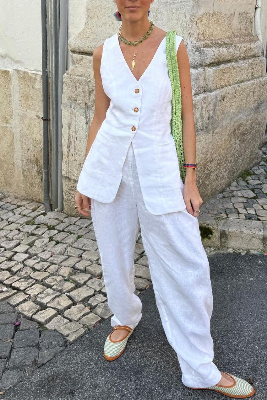 Sleeveless Linen Vest with Wide-Leg Pants for Casual Chic — Summer Europe Outfits 2027