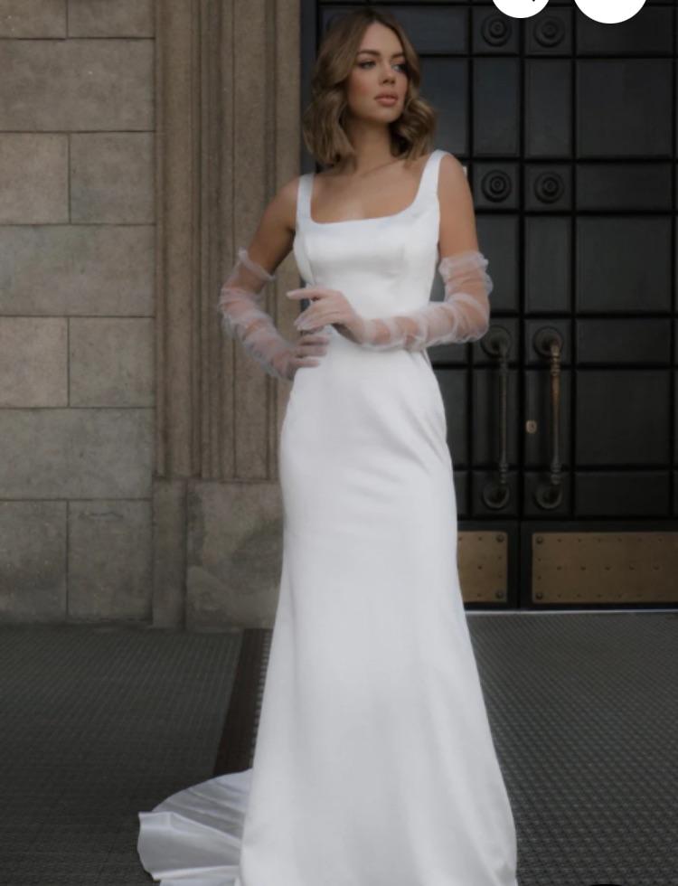 Minimalist White Satin Sheath with Square Neckline and Sheer Puff Sleeves Minimalist White Satin Sheath with Square Neckline and Sheer Puff Sleeves — Square Neck Wedding Dresses 2027