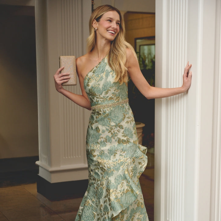 Special Occasion: Sage Green Brocade Gown Special Occasion: Sage Green Brocade Gown — Mom Outfits 2027