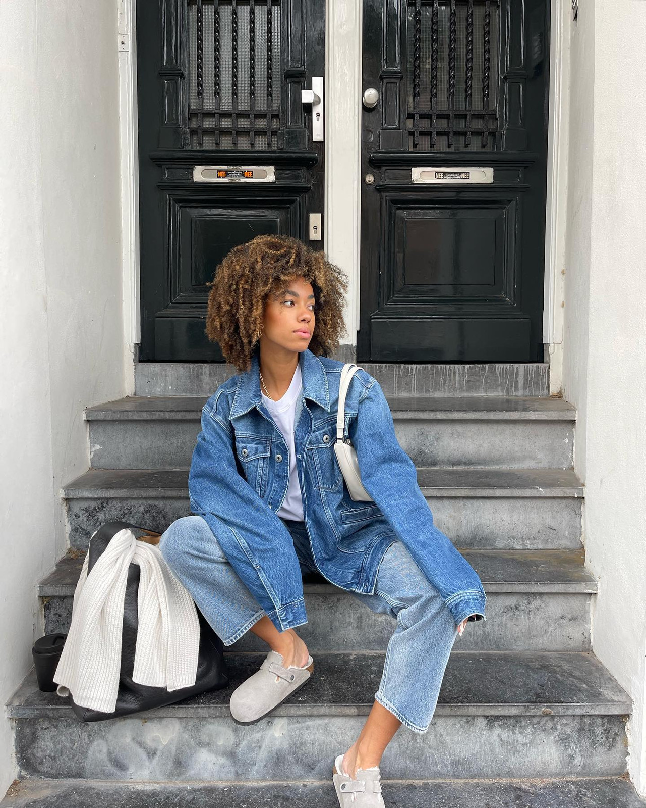 Oversized Denim Jacket and White Tee with Grey Birkenstock Clogs Oversized Denim Jacket and White Tee with Grey Birkenstock Clogs — Bootcut Jeans Outfits 2027 with Birkenstocks