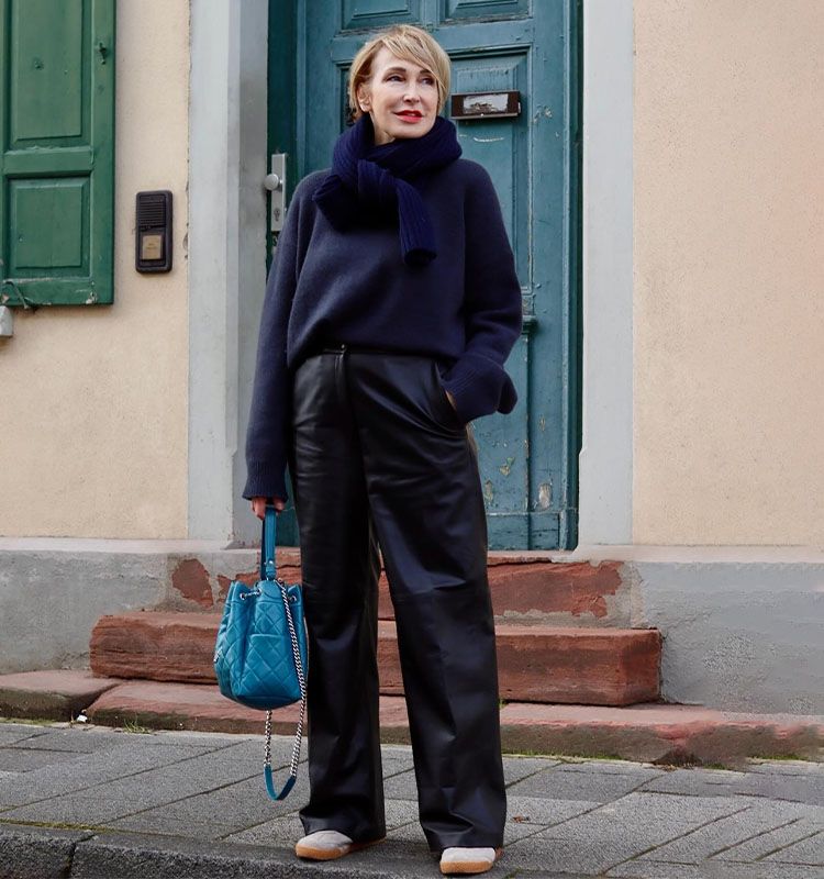 Casual Chic: Navy Sweater, Scarf, and Wide-Leg Leather Pants — Cold Weather Outfits 2027