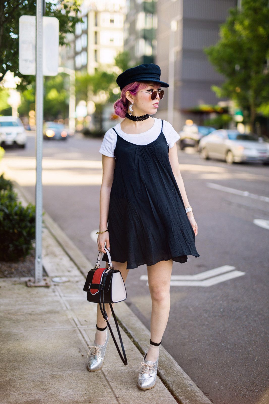 Light Grey Crew Socks with Pleated Mini Skirt and Kitten Heels — Socks 2027 with Heels Outfits