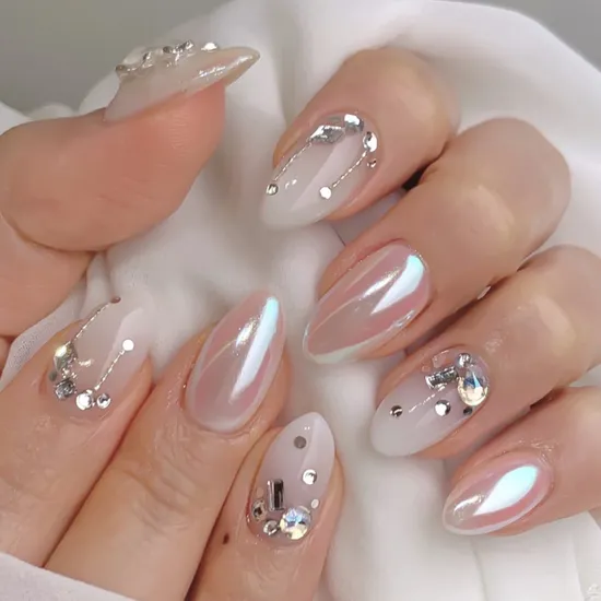 Medium Almond Iridescent Chrome With Rhinestones — White Wedding Nails 2027