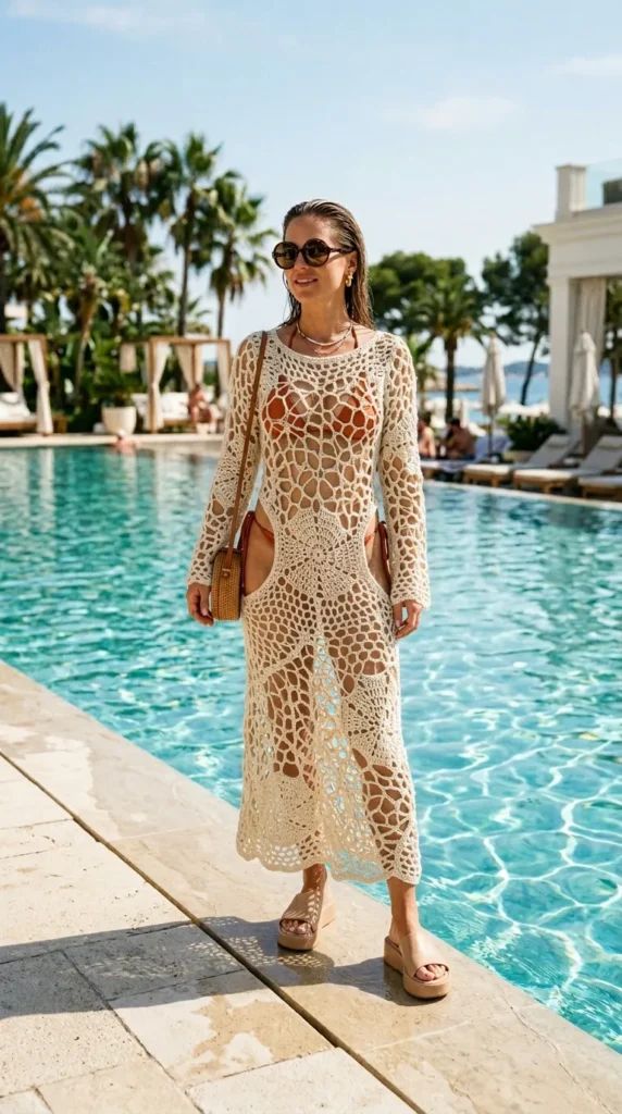 Cream Crochet Maxi Dress Outfit Idea Cream Crochet Maxi Dress Outfit Idea — Vacation Slides Outfits 2027