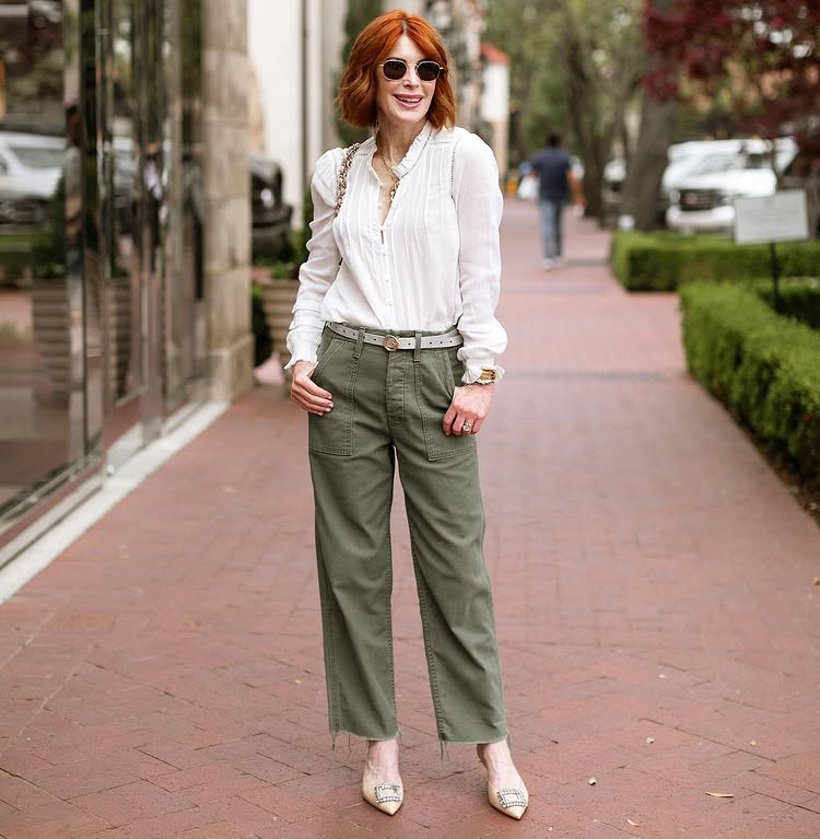 Olive Utility Pants and Sheer Blouse: Elevated Daytime Style — Earth Tone Outfits 2027