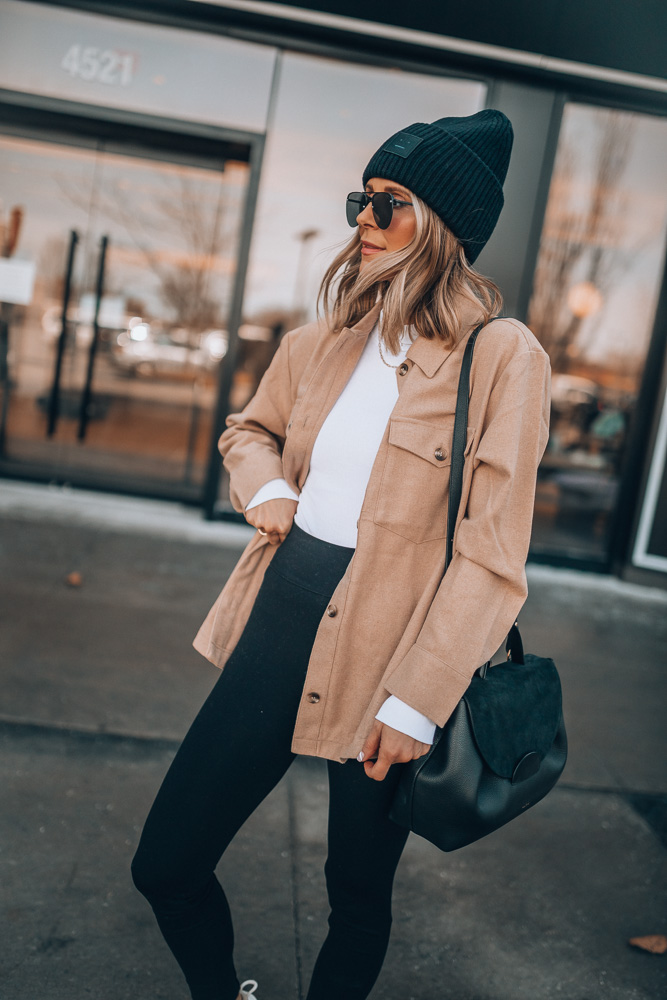 Tan Wool-Blend Shacket with Leggings and Beanie — Shacket Outfits 2027