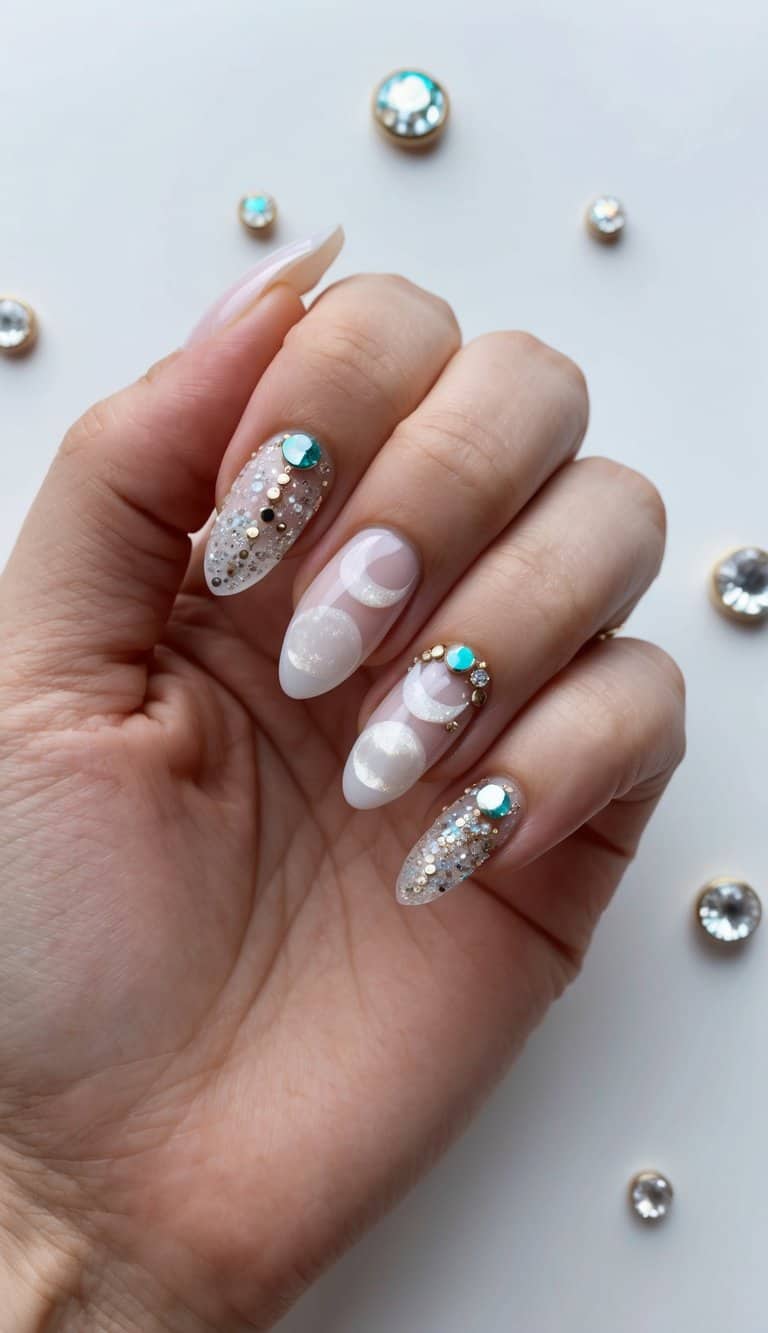 Clear Glitter Moon Phase Oval Nails — Sparkly Prom Nails 2027