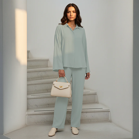 Light Blue Matching Set with Wide-Leg Pants and Square-Toe Flats — Office Outfits for Women 2027