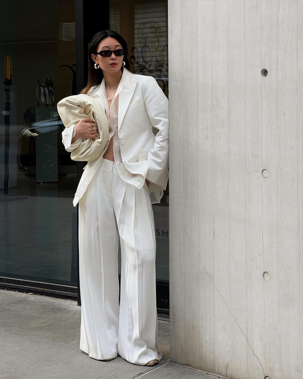 Oversized White Blazer with Sheer Button-Up Blouse and Wide-Leg Trousers Oversized White Blazer with Sheer Button-Up Blouse and Wide-Leg Trousers — Blouse Outfits 2027 with Blazer