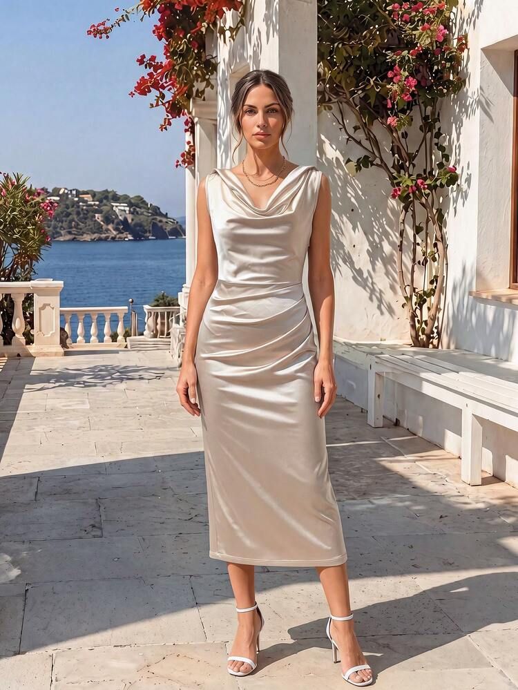 Champagne Satin Midi Dress with Cowl Neck and Ruched Waist for Evening Sophistication Champagne Satin Midi Dress with Cowl Neck and Ruched Waist for Evening Sophistication — Cruise Dinner Dress 2027