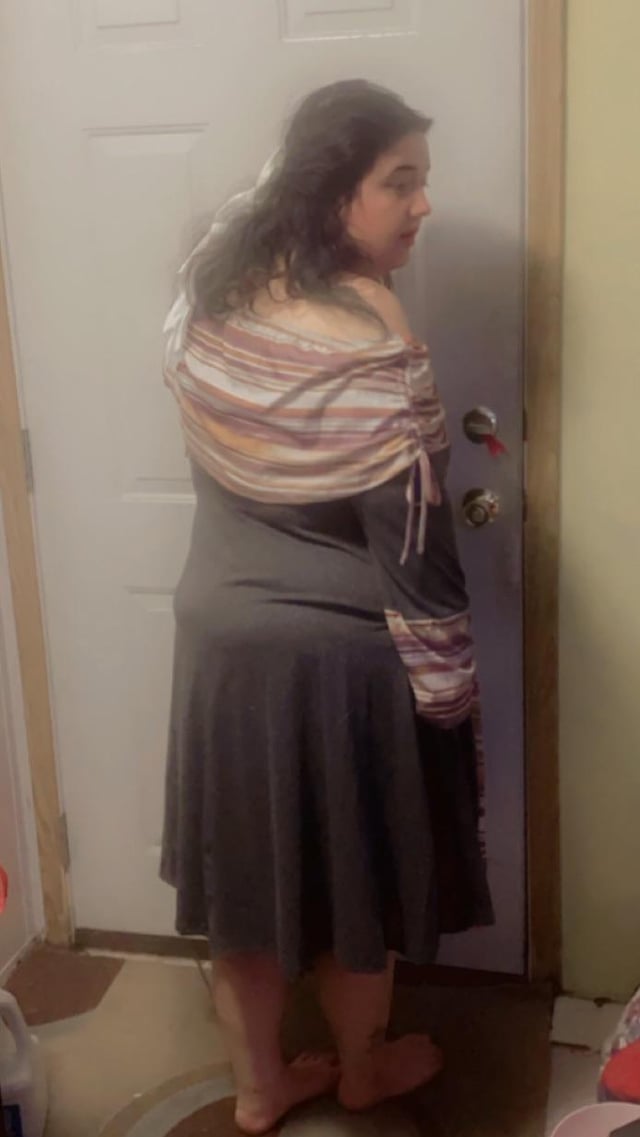 Grey Off-the-Shoulder Dress with Stripes — Plus Size Thanksgiving Outfits 2026
