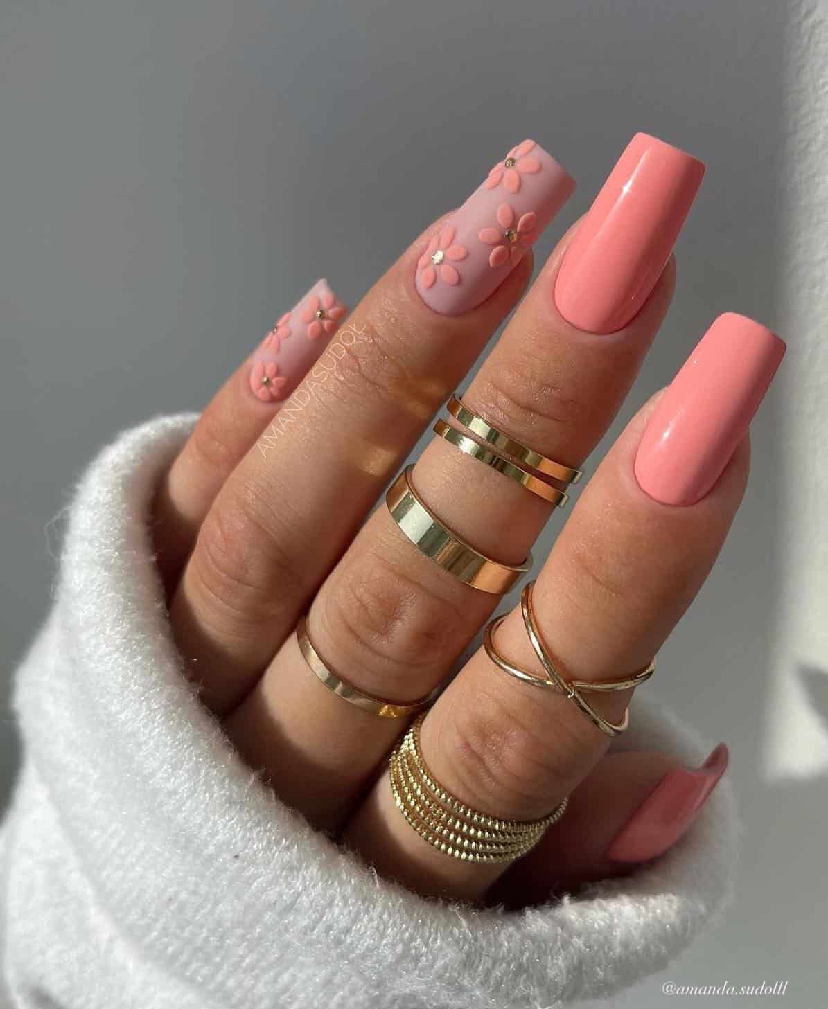 Long Square Floral Embellished Coral Peach Nails Long Square Floral Embellished Coral Peach Nails — Peach Square Nails 2027