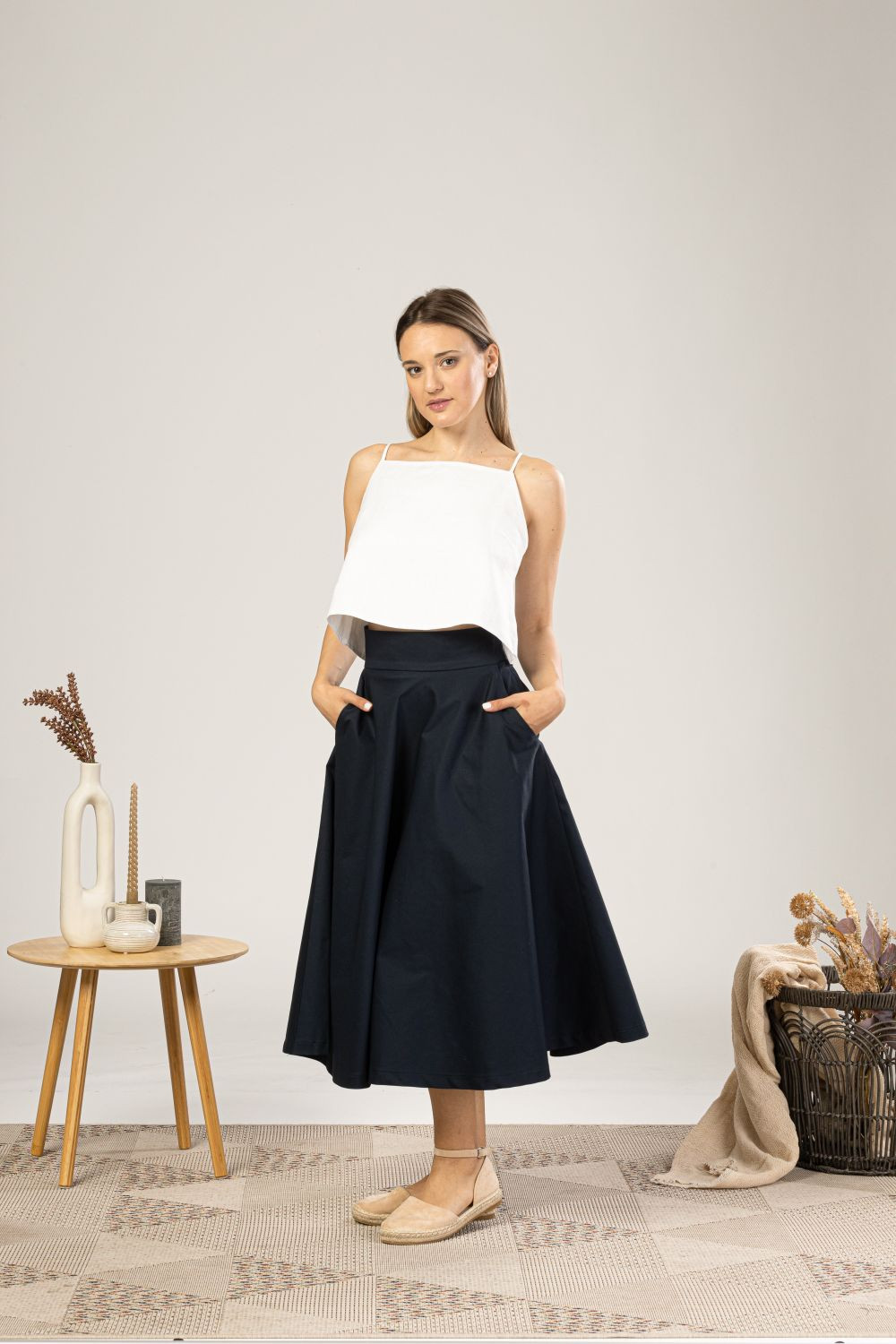 Flared Circle Midi Skirt with Cropped Tank and Espadrilles Flared Circle Midi Skirt with Cropped Tank and Espadrilles — Navy Blue Midi Skirt Outfits 2027
