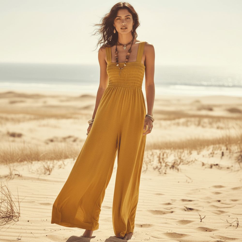 Yellow Smocked-Top Jumpsuit for Beach Day Fun Yellow Smocked-Top Jumpsuit for Beach Day Fun — Sleeveless Jumpsuit Outfits 2027