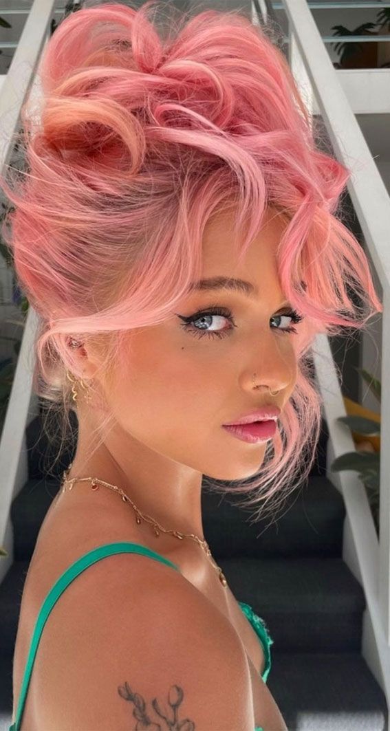 Vibrant Pink Updo With Face-Framing Bangs — Pink Hair 2027