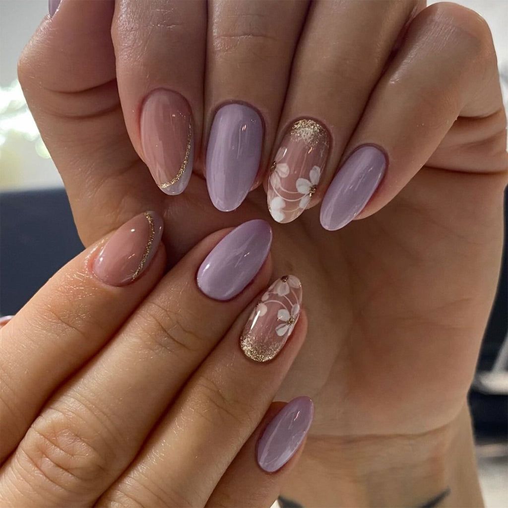 Lavender Pink Floral with Gold Glitter — Pastel Oval Nails 2027