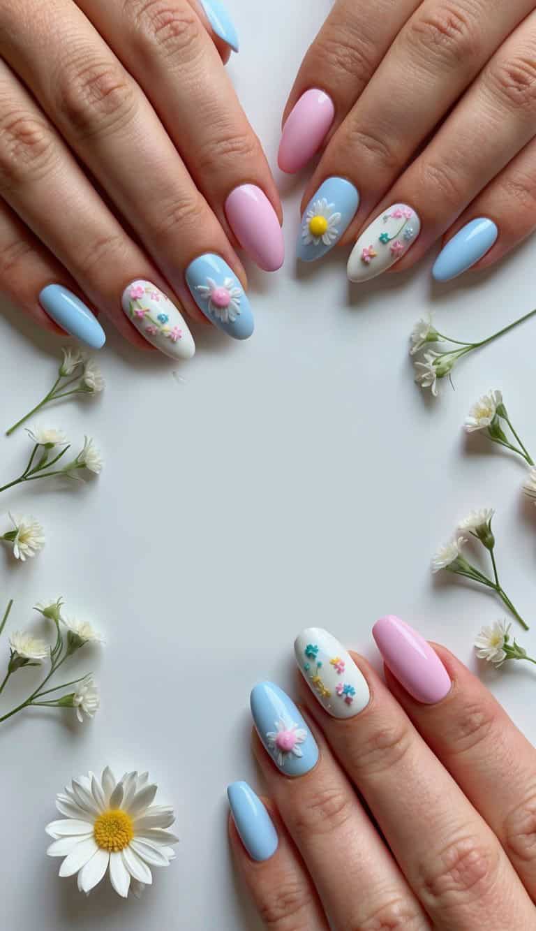 3D Floral Baby Blue and Pink Ovals — Baby Shower Nails 2027