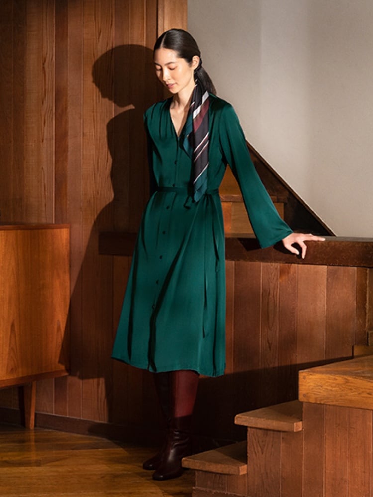 Emerald Elegance: The Satin Midi Dress with Scarf Accent Emerald Elegance: The Satin Midi Dress with Scarf Accent — Modest Outfits 2027