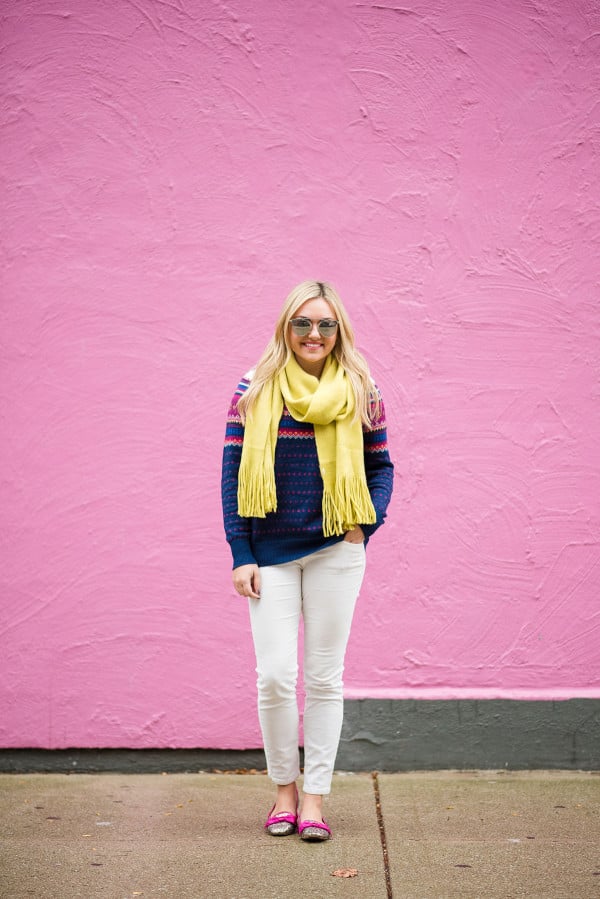 Blue Patterned Sweater with Yellow Scarf Accent Blue Patterned Sweater with Yellow Scarf Accent — Winter Colorful Outfits 2027