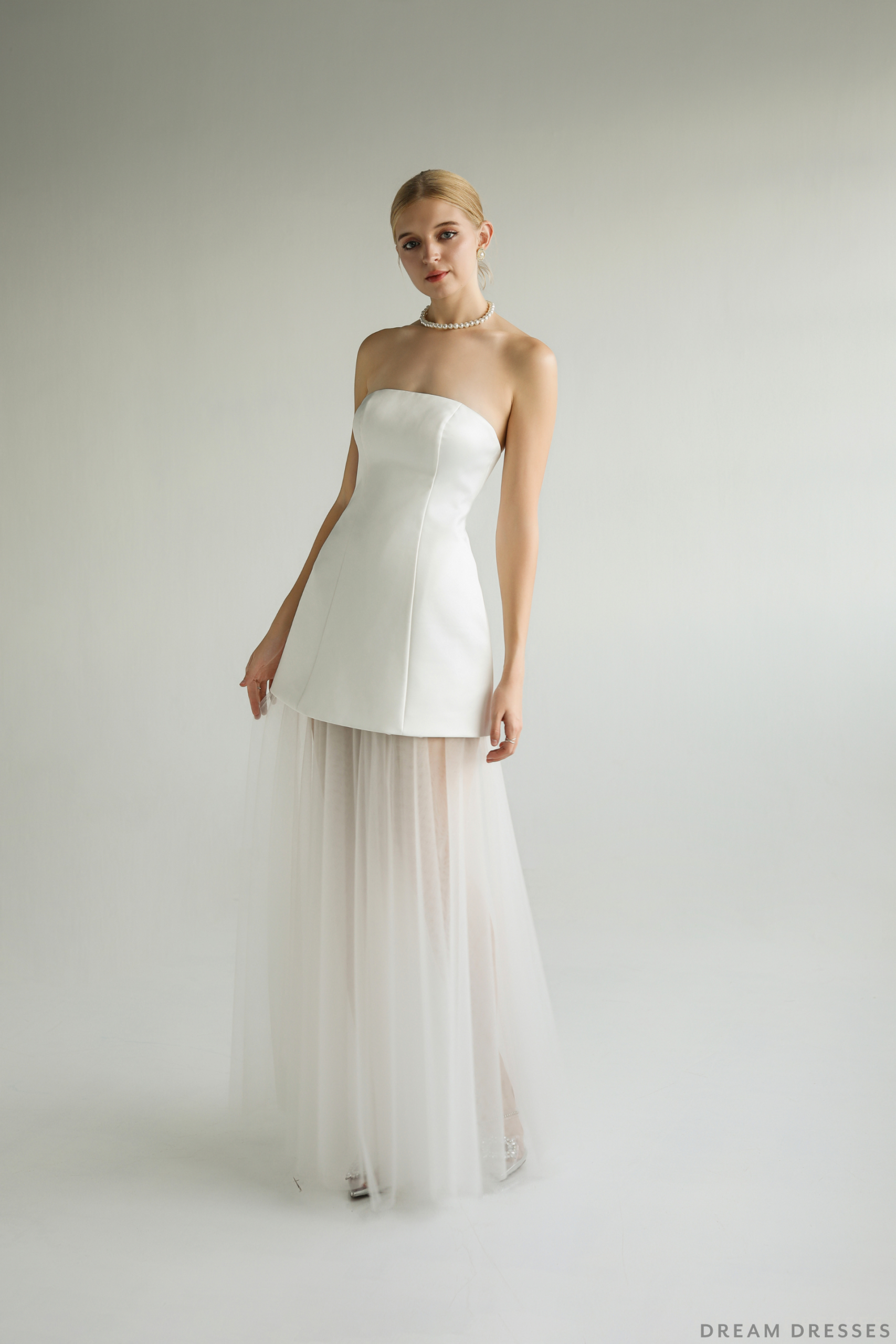 Modern Ivory Mini Dress with Tulle Skirt Overlay — Bridal Shower Dresses 2027