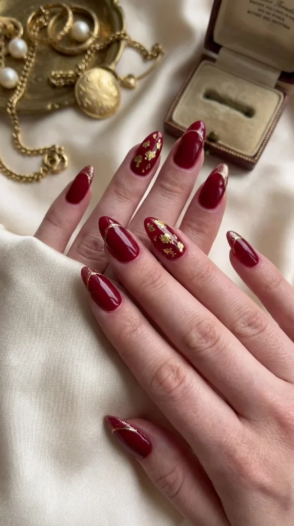 Deep Red Gold Foil Medium Ovals Deep Red Gold Foil Medium Ovals — Cherry Red Nails 2027