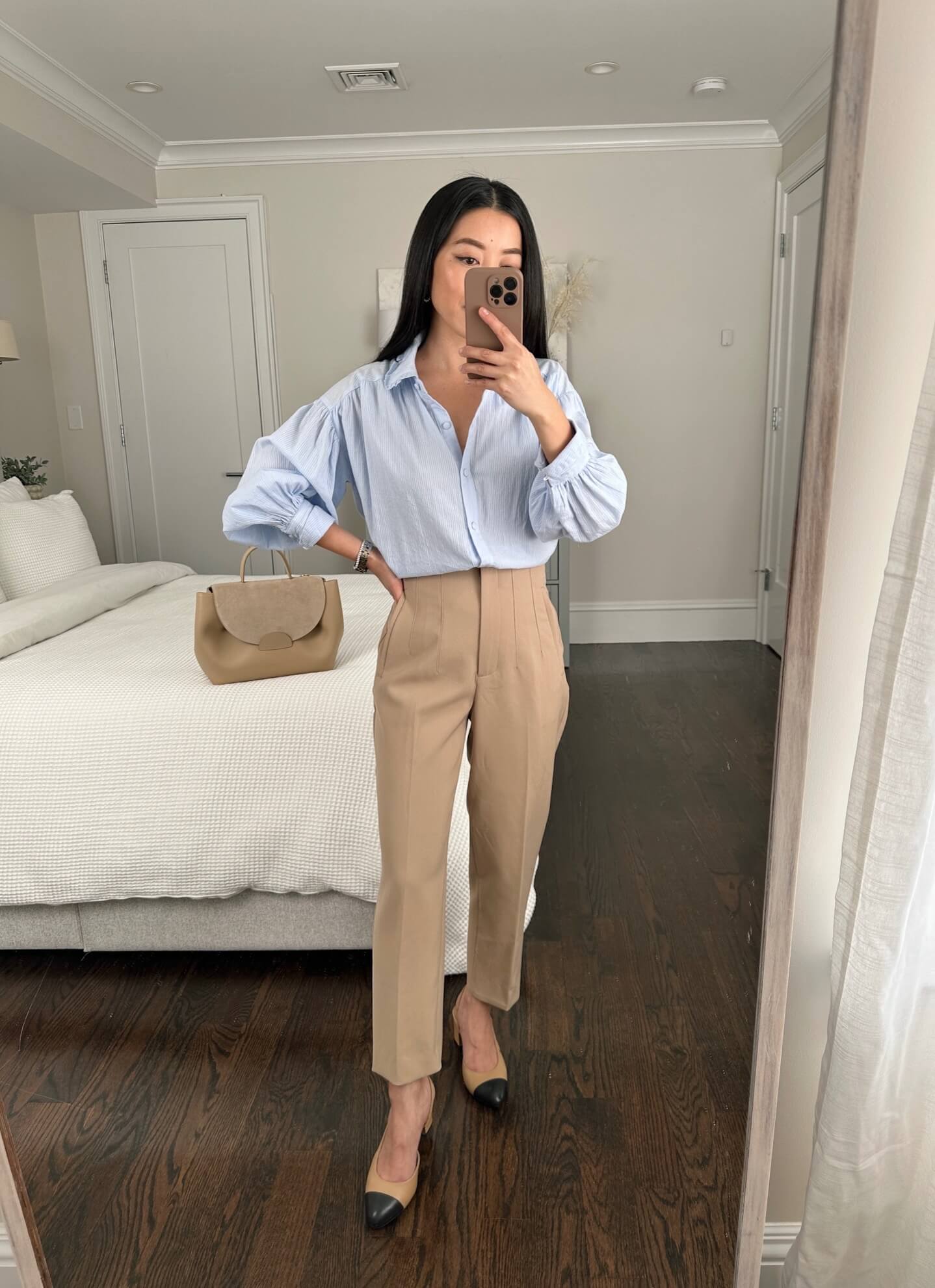 Striped Balloon Sleeve Shirt and Beige Trousers for a Modern Touch — First Day of Work Outfits 2027