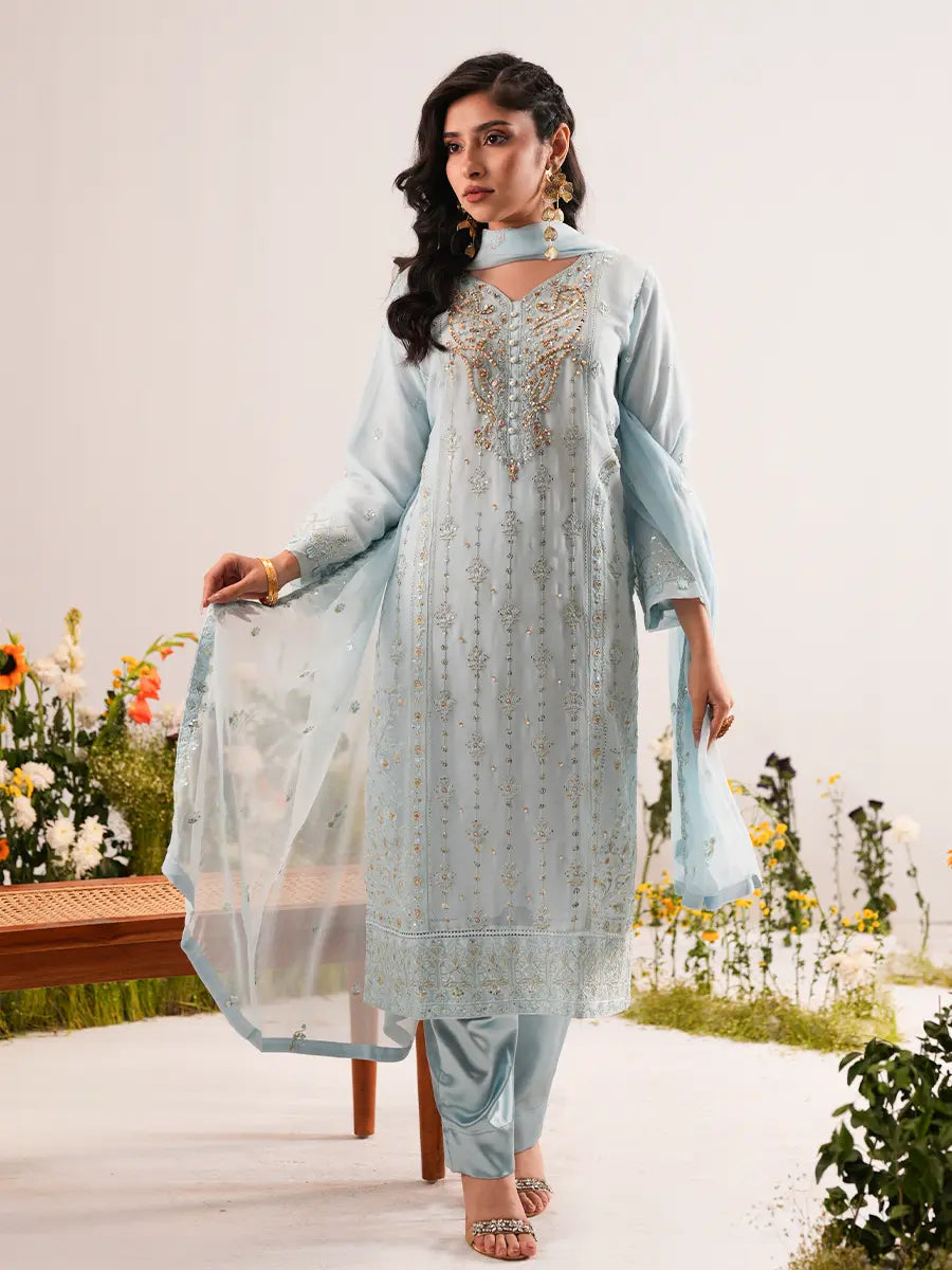 Powder Blue Silk Ensemble with Embellished Top for Festive Occasions Powder Blue Silk Ensemble with Embellished Top for Festive Occasions — Powder Blue Outfits 2027