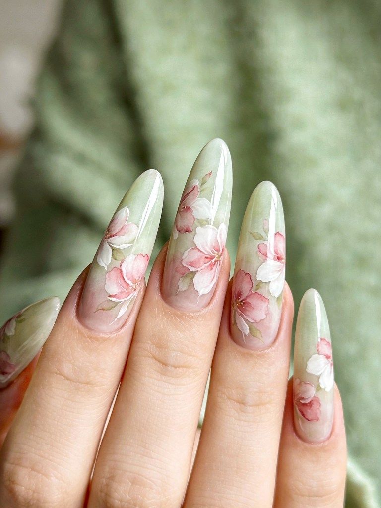 Pale Green Hand-Painted Floral Almonds Pale Green Hand-Painted Floral Almonds — Long Floral Nails 2027