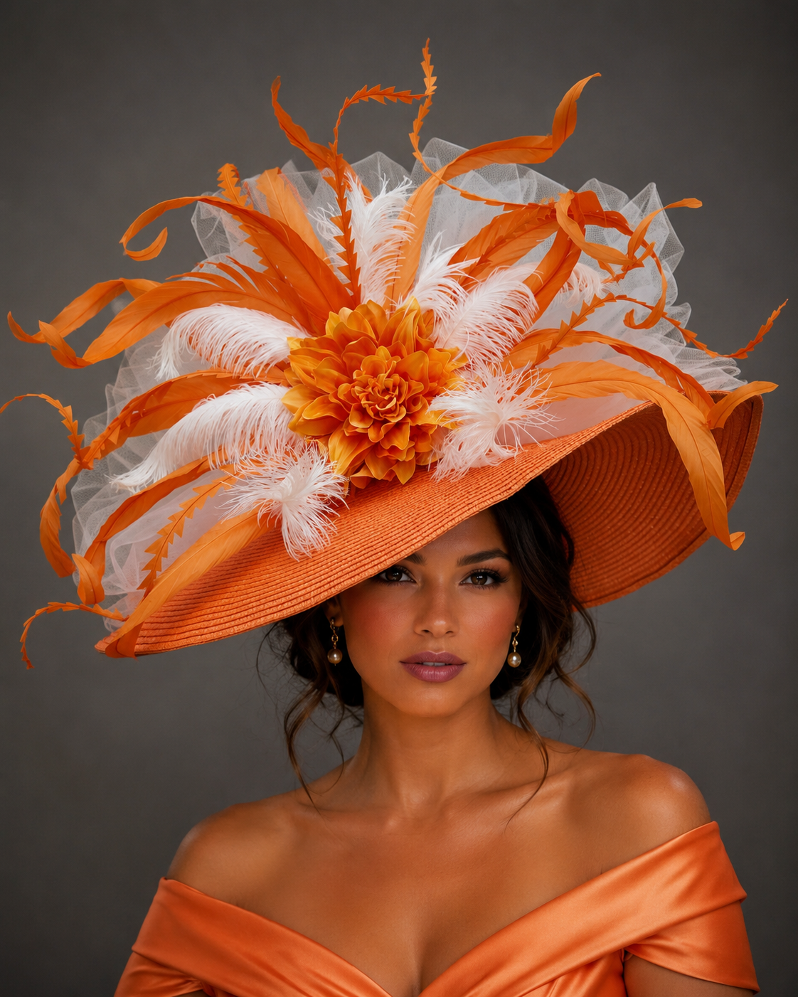 Vibrant Orange Off-the-Shoulder Dress and Hat — Kentucky Derby Outfits 2027