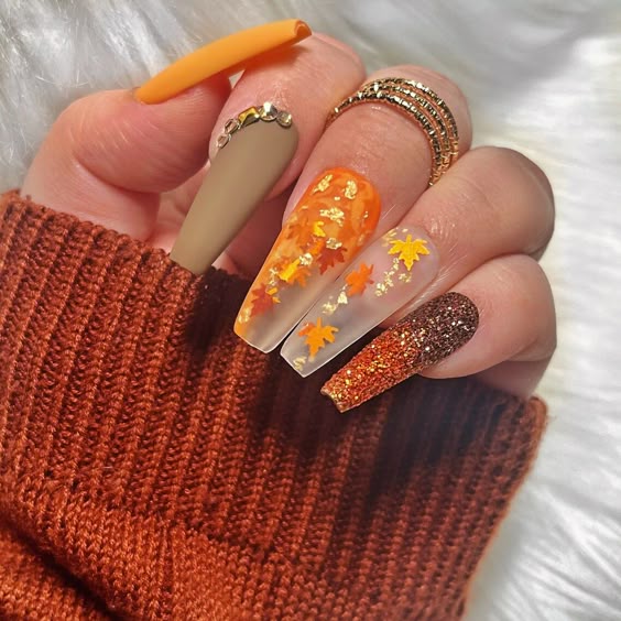 Fall Leaf Confetti Glitter Rhinestones Visual Idea — Thanksgiving Nails 2026
