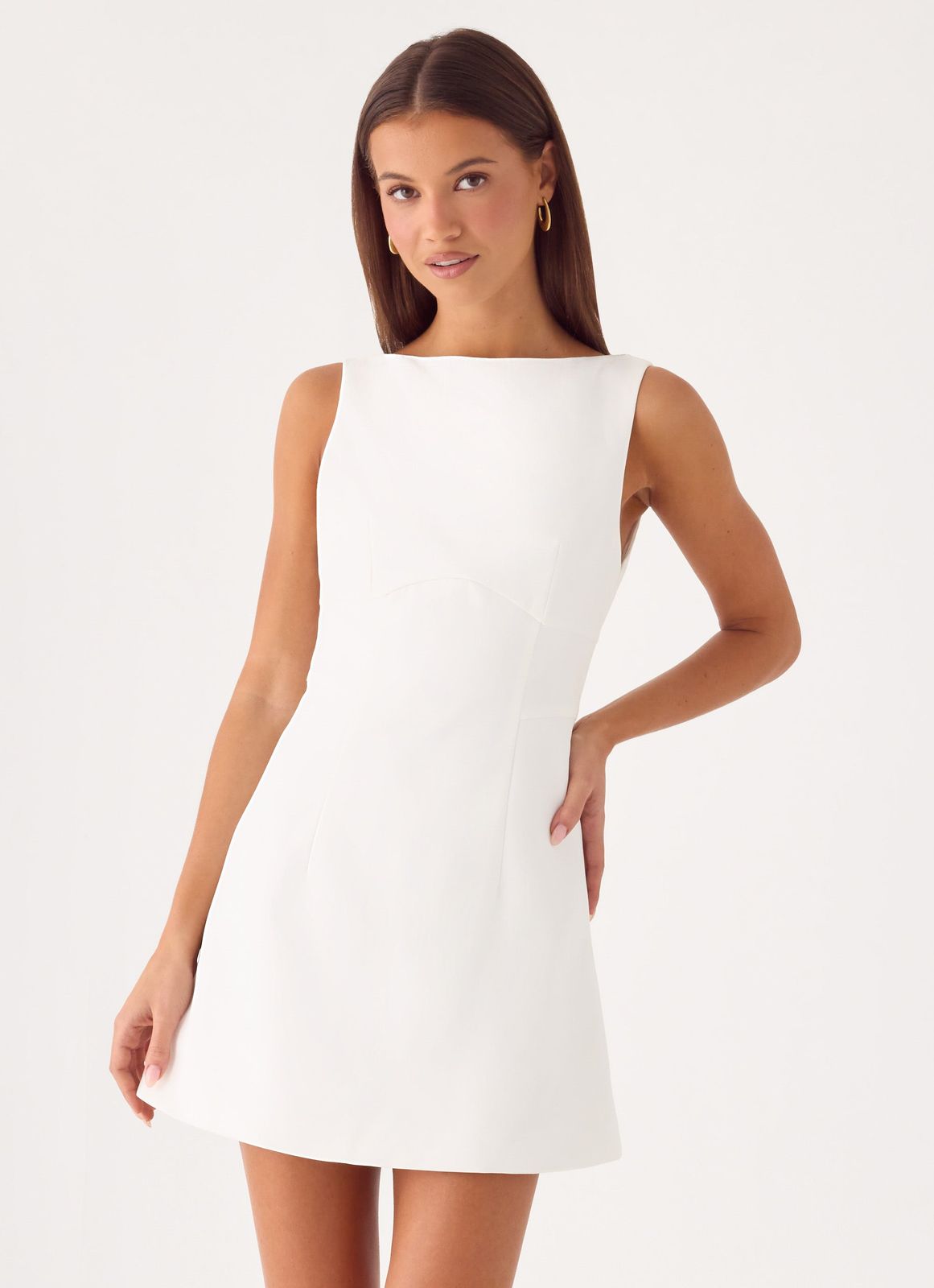Minimalist White Boat Neck Mini Dress Minimalist White Boat Neck Mini Dress — Bridal Shower Dress 2027 for Guest
