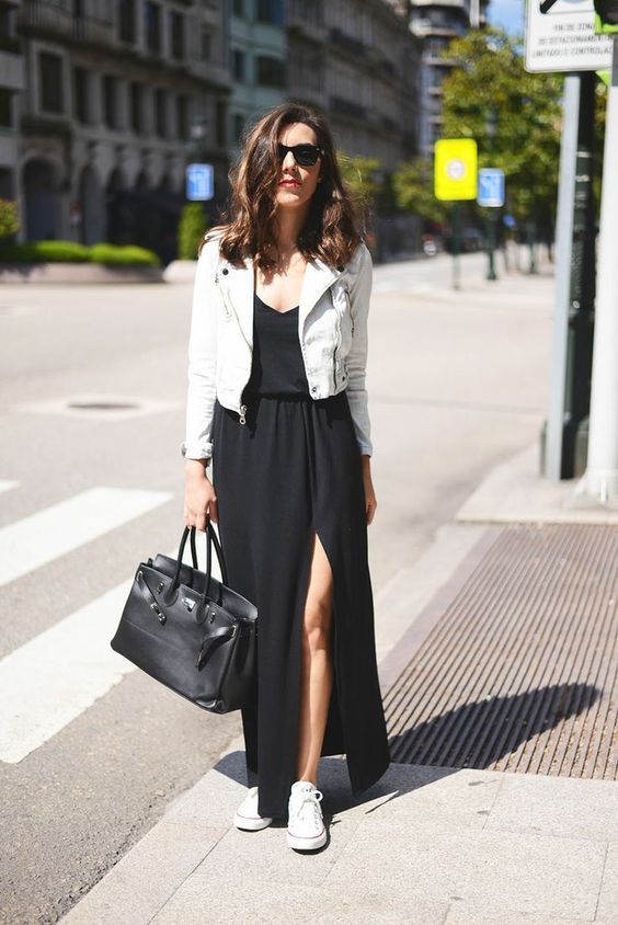 Casual Contrast: White Leather Jacket with Black Maxi Dress and Sneakers Casual Contrast: White Leather Jacket with Black Maxi Dress and Sneakers — Dress 2027 with Leather Jacket Outfit