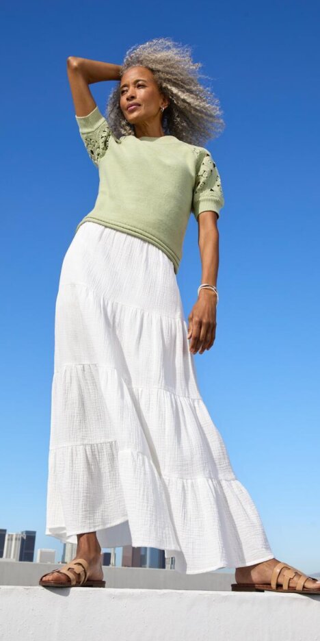 Embroidered Green Sweater Meets Tiered Maxi Skirt Embroidered Green Sweater Meets Tiered Maxi Skirt — Casual Outfits 2027