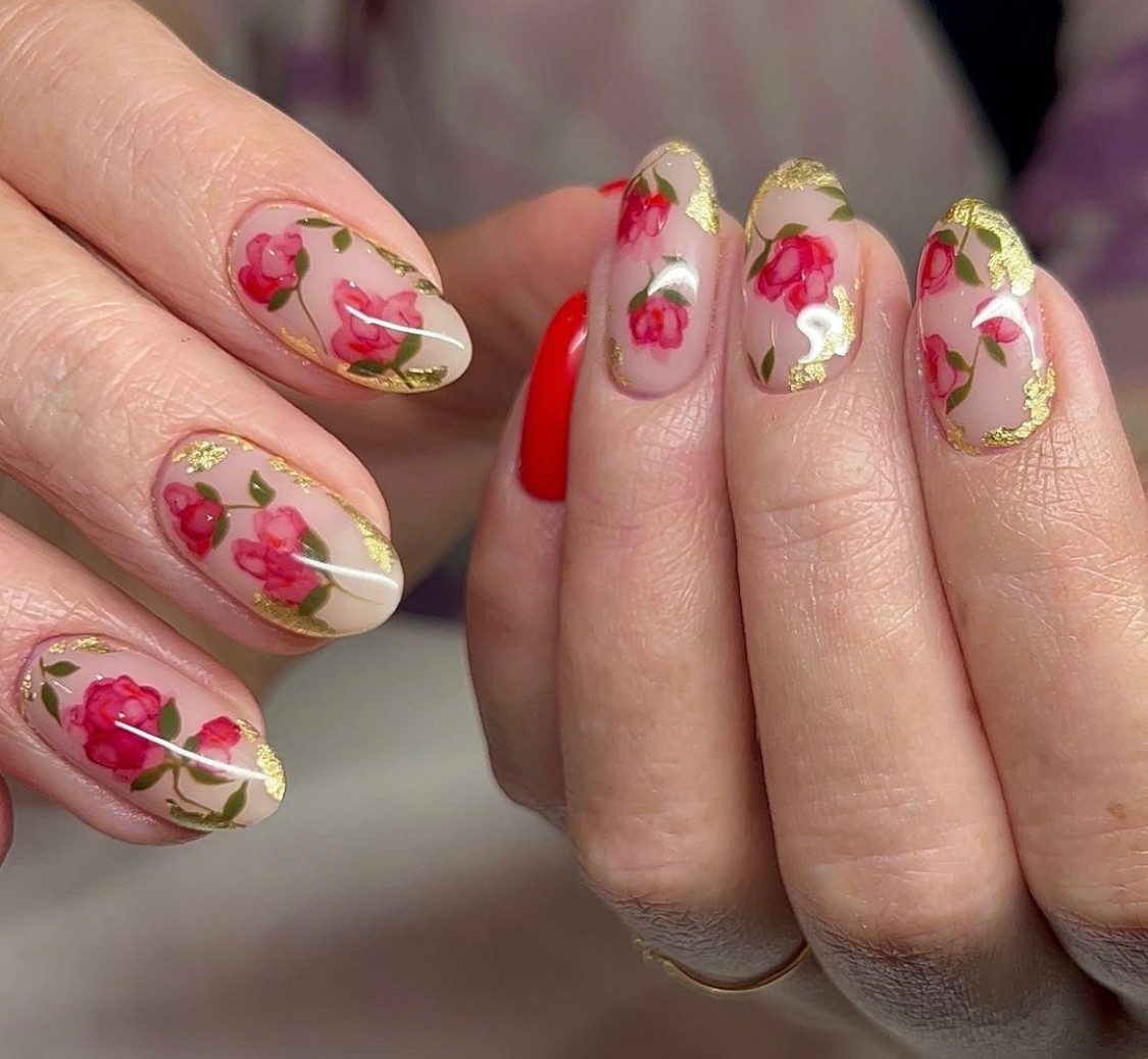 Sheer Nude Rose Gold Leaf Nails Sheer Nude Rose Gold Leaf Nails — Floral Nails 2027