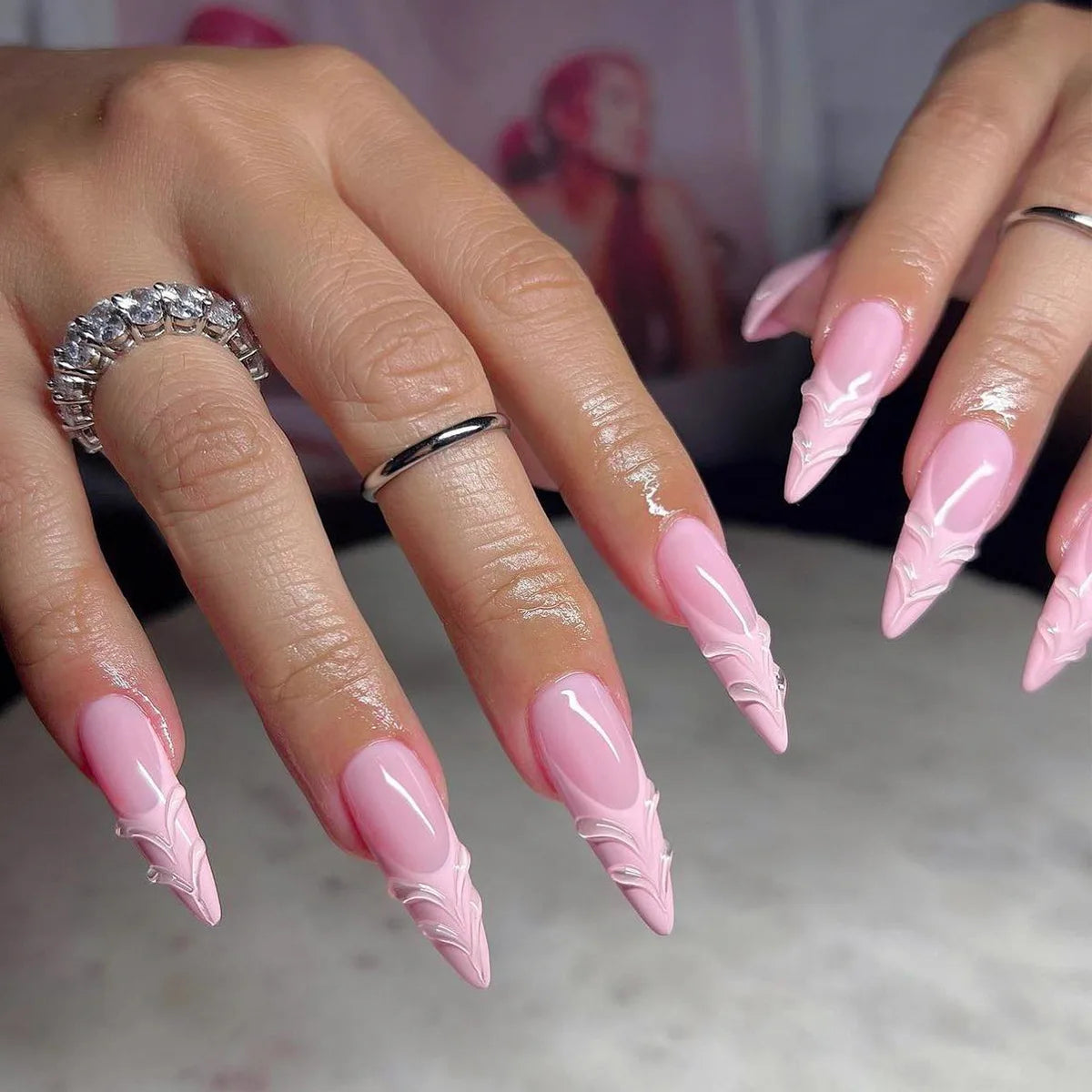 Light Pink White Line Art French Stiletto Almonds Light Pink White Line Art French Stiletto Almonds — Long Almond Nails 2027