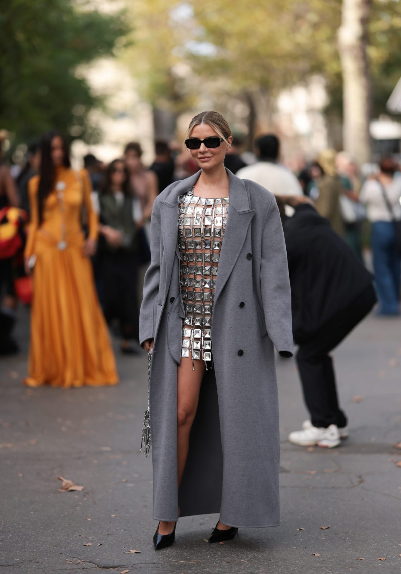 Layered Silver Mini Dress with Oversized Coat — Silver Dress Outfits 2027