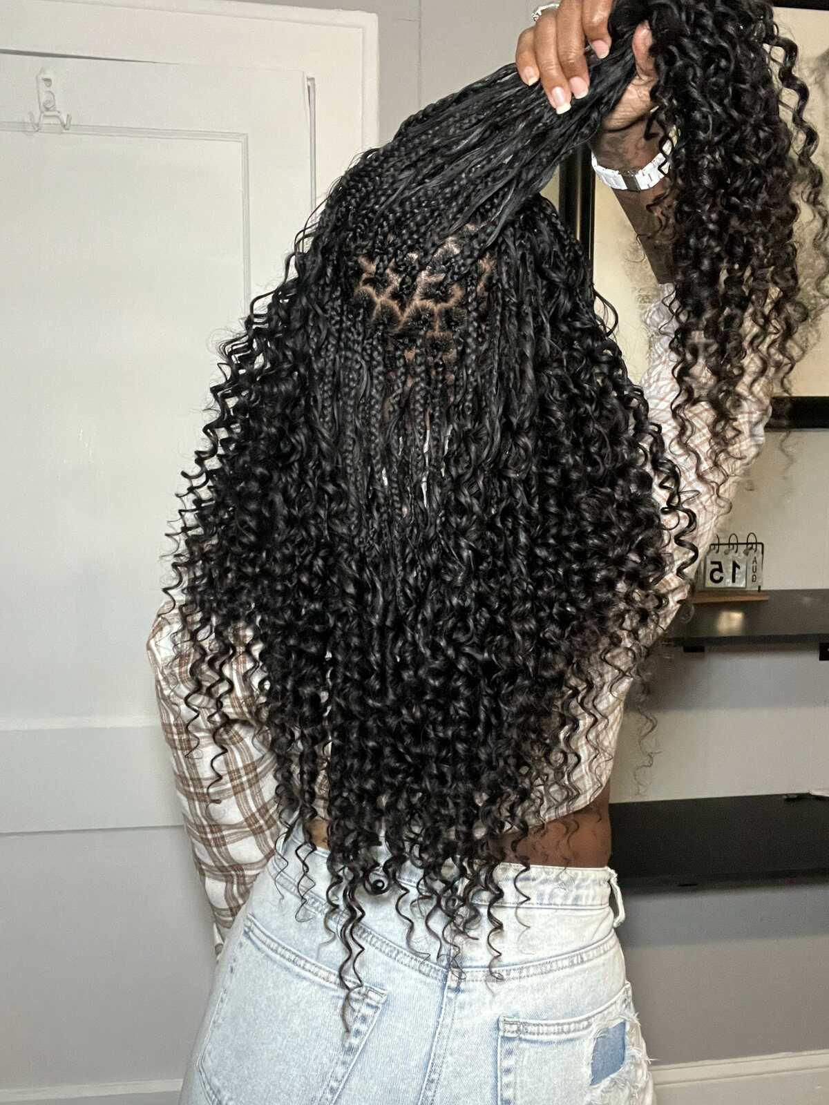 Heart Part Mid-Back Braids With Curly Ends Heart Part Mid-Back Braids With Curly Ends — Layered Knotless Braids 2027