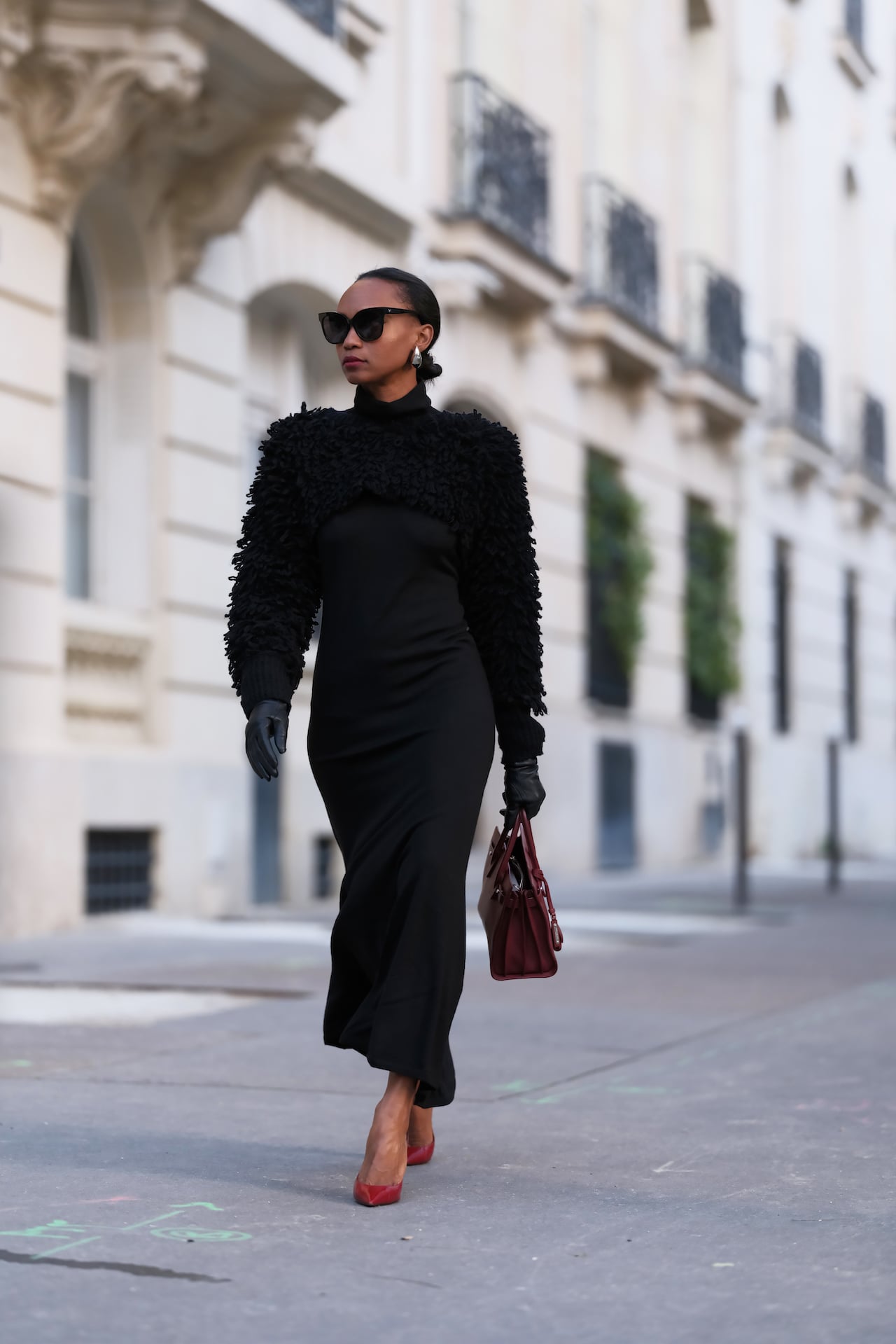 Black Maxi Dress with Textured Shrug and Bold Red Accessories — Dressy Winter Outfits 2027