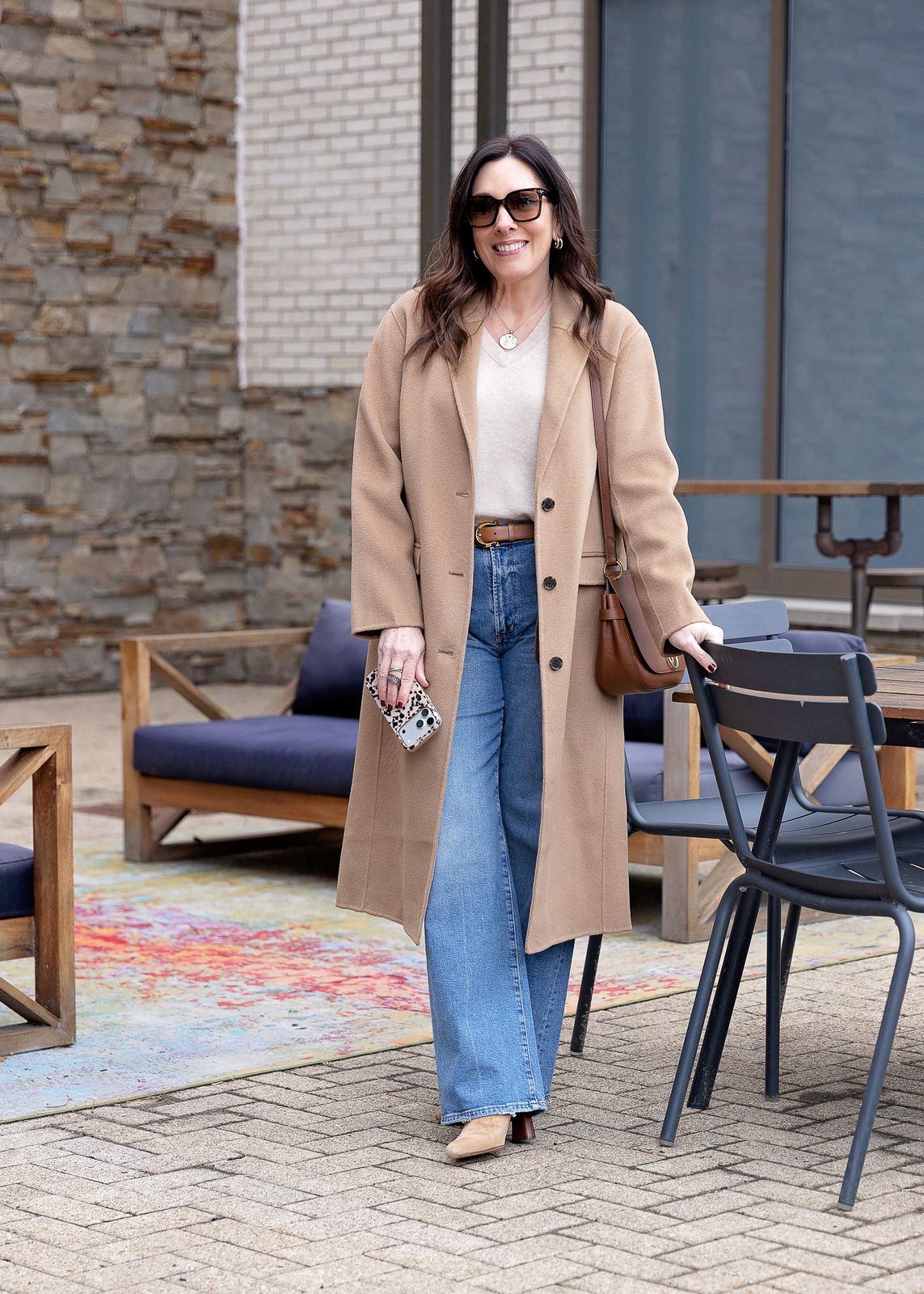 Camel Wool Coat With Cream Sweater And Blue Jeans Camel Wool Coat With Cream Sweater And Blue Jeans — Winter Dinner Outfits 2027