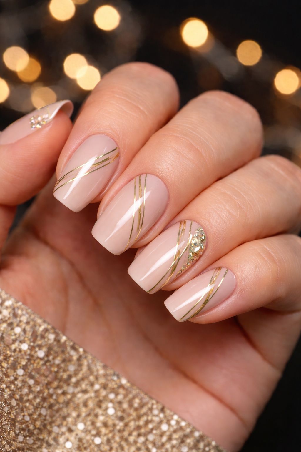 Short Coffin Nude with Gold Lines and Foil Short Coffin Nude with Gold Lines and Foil — Thin Line Nails 2027