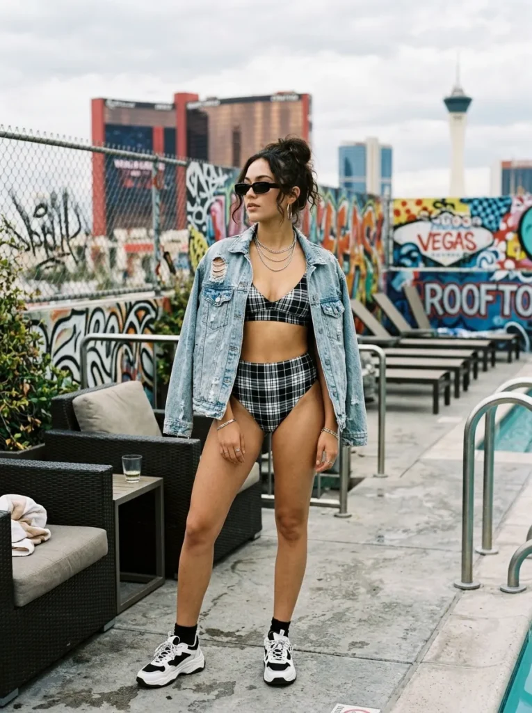 Black and White Plaid Bikini with Denim Jacket for a Casual Cool Look Black and White Plaid Bikini with Denim Jacket for a Casual Cool Look — Pool Party Outfits 2027