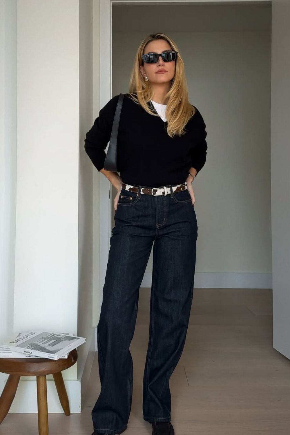 Winter Ready: Wide-Leg Jeans with V-Neck Sweater and Belt Winter Ready: Wide-Leg Jeans with V-Neck Sweater and Belt — Black Jeans Outfits 2027