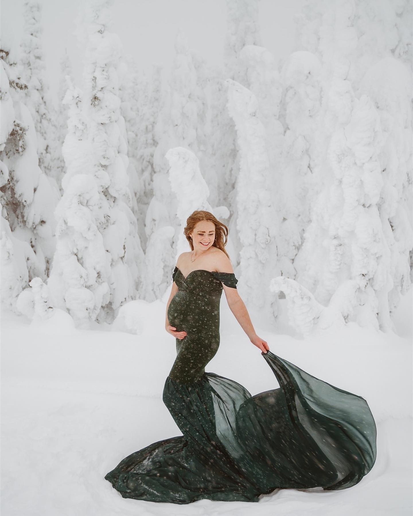 Dramatic Dark Green Gown in Snowy Landscape for a Unique Photoshoot — Snow Outfits 2027
