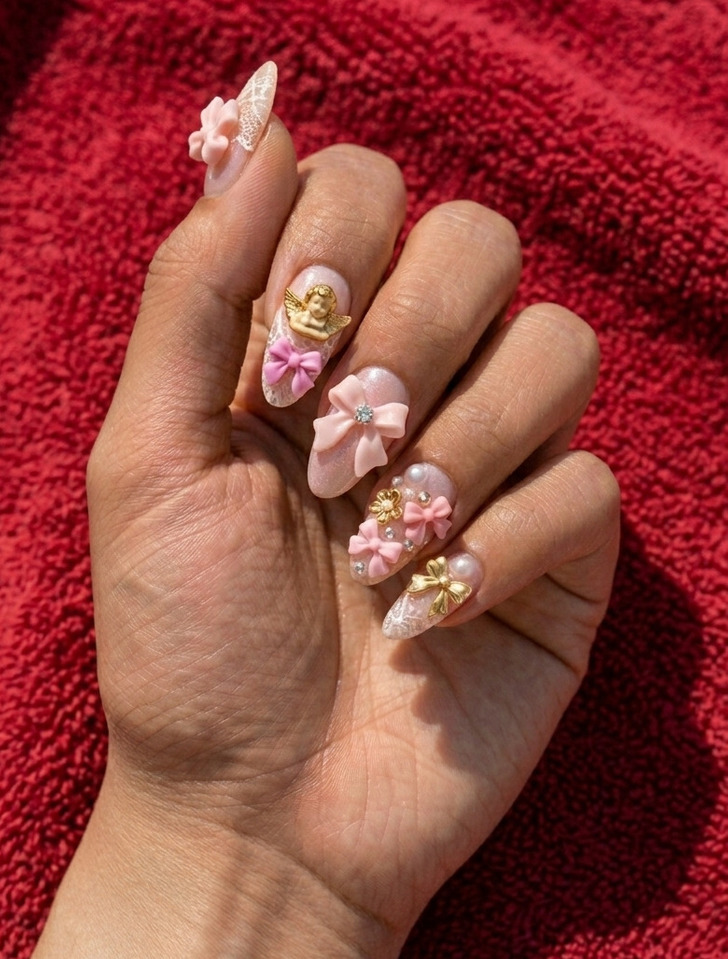 Almond Mix: White & Shimmer Pink 3D Bows — Pink Bow Nails 2027